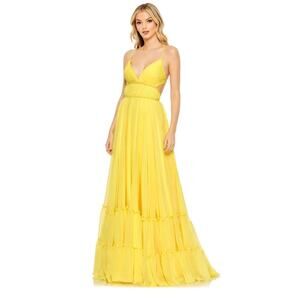 NWT Mac Duggal Tier Cut Out Yellow Chiffon Gown 4 in Buttercup